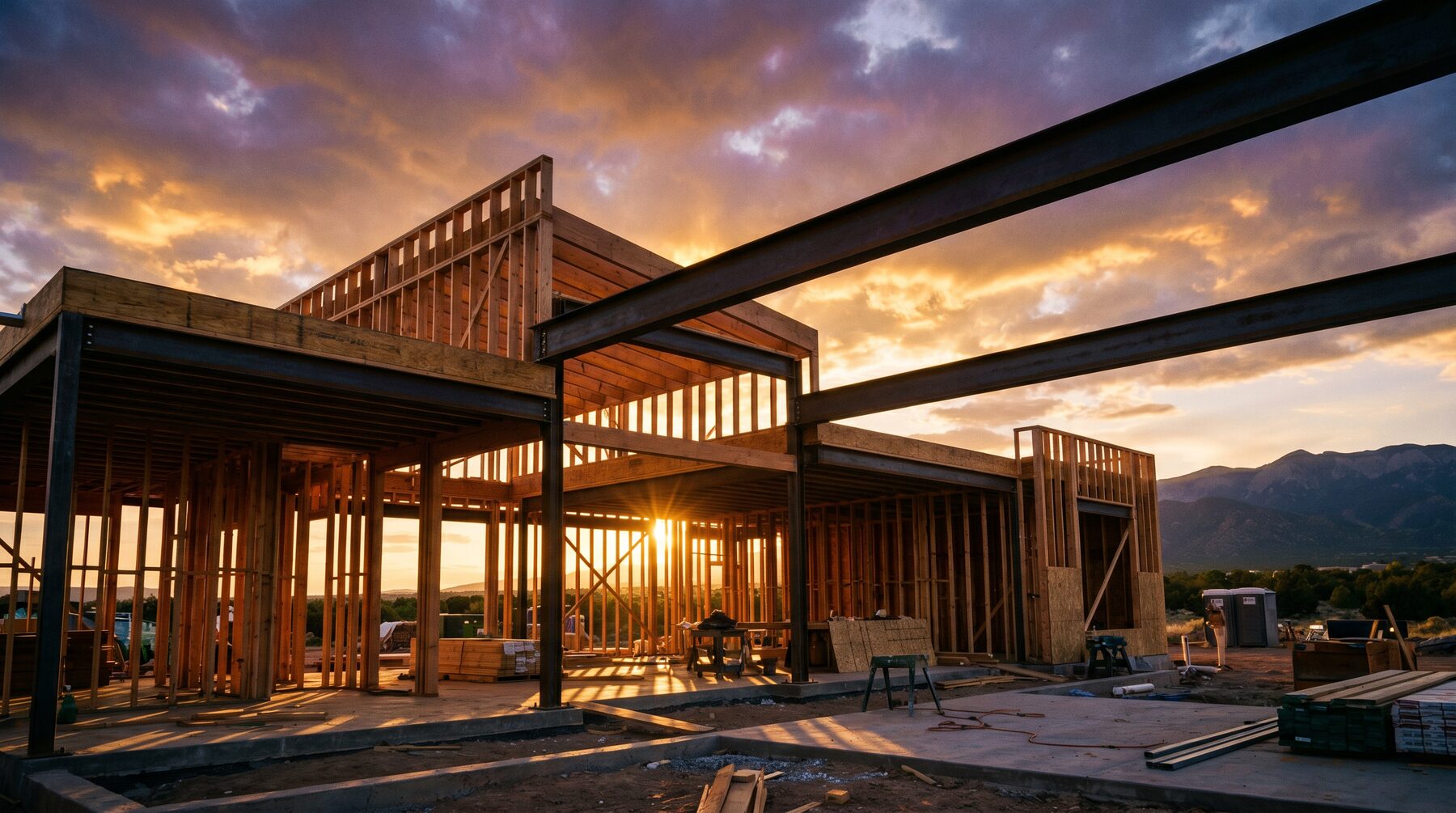 Custom home framing under a New Mexico sunset