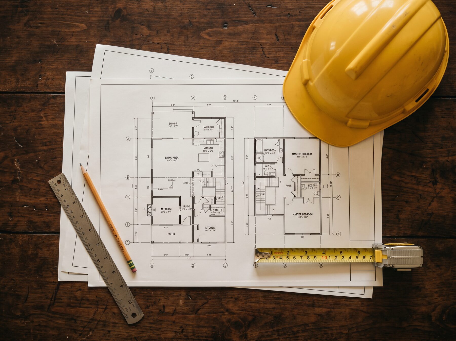 Architectural blueprints with hard hat and tape measure