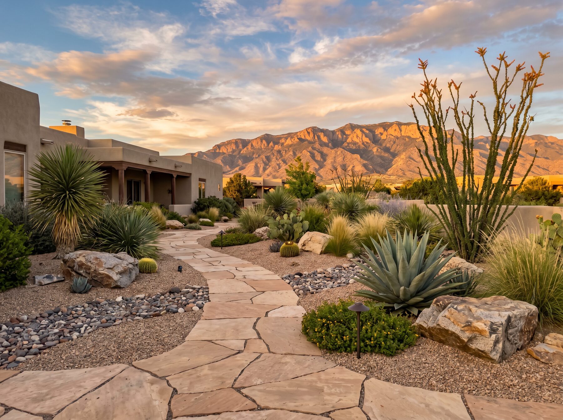 Southwestern xeriscape landscaping with native plants and flagstone path
