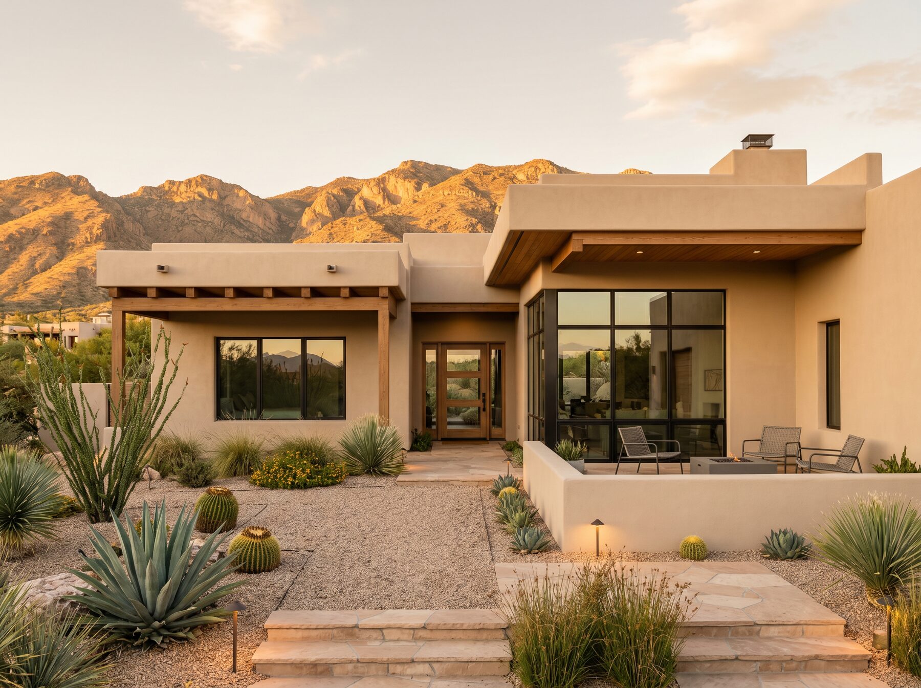 Custom Southwestern home with desert landscaping