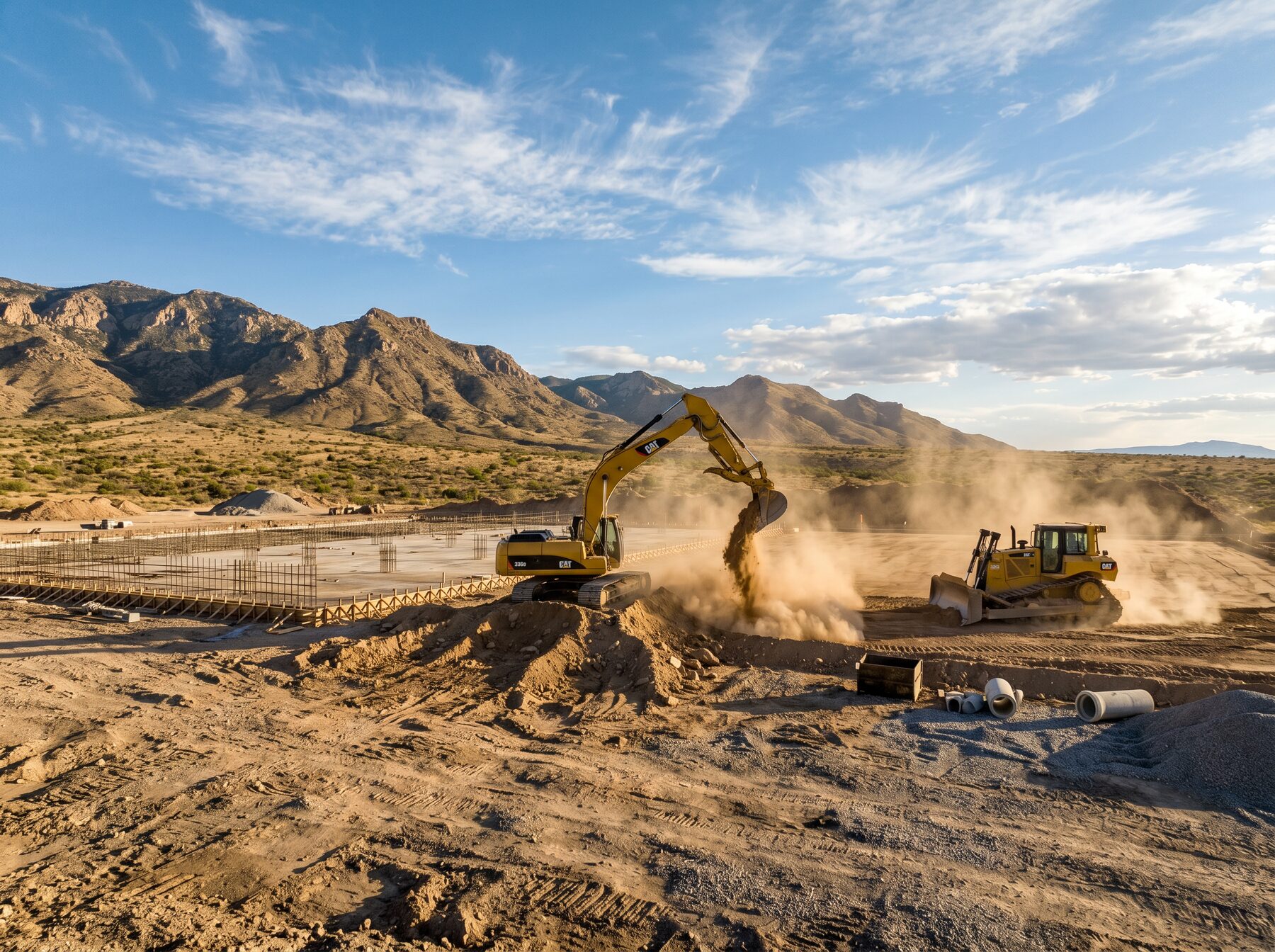 Excavator and bulldozer grading a commercial building pad